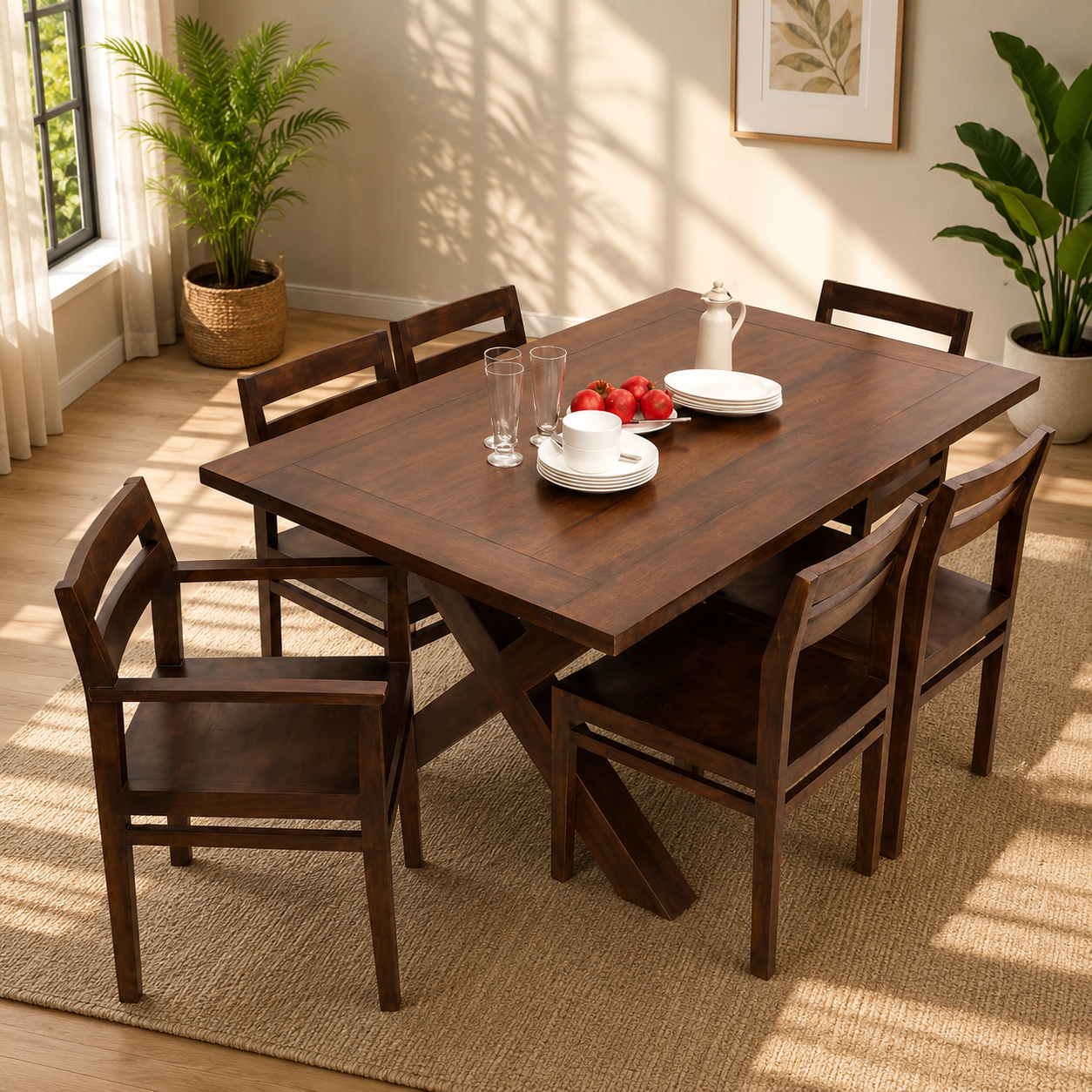 Farmhouse Solid Wood 6 Seater Dining Table Set for Home, Dining Room | Walnut Finish