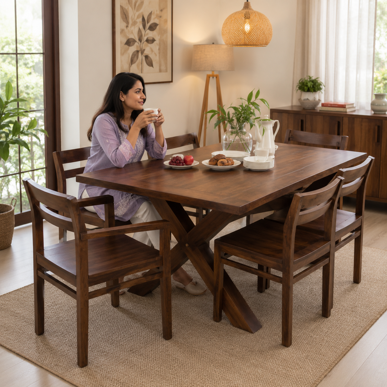 Farmhouse Solid Wood 6 Seater Dining Table Set for Home, Dining Room | Walnut Finish