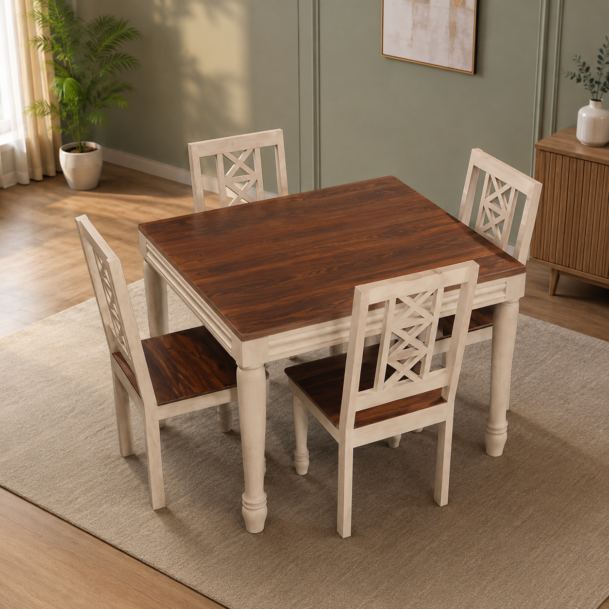 Modern 4 Seater Solid Wood Dining Table Set with Upholstered Chairs for Dining Room & Kitchen