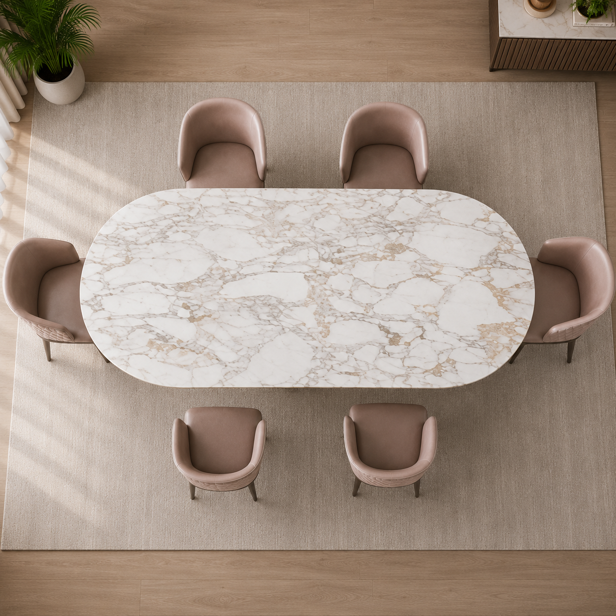 Luxury 6 Seater Italian Marble Dining Table Set with Upholstered Chairs | 304 Grade Stainless Steel PVD Base | Modern Executive Dining Furniture