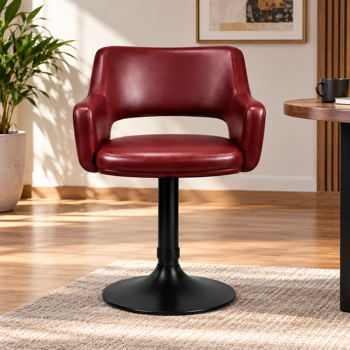 Modern Cafe Chair with Curved Backrest, Padded Armrests, Wide Cushioned Seat and Round Pedestal Base for Restaurants, Cafes and Dining Areas