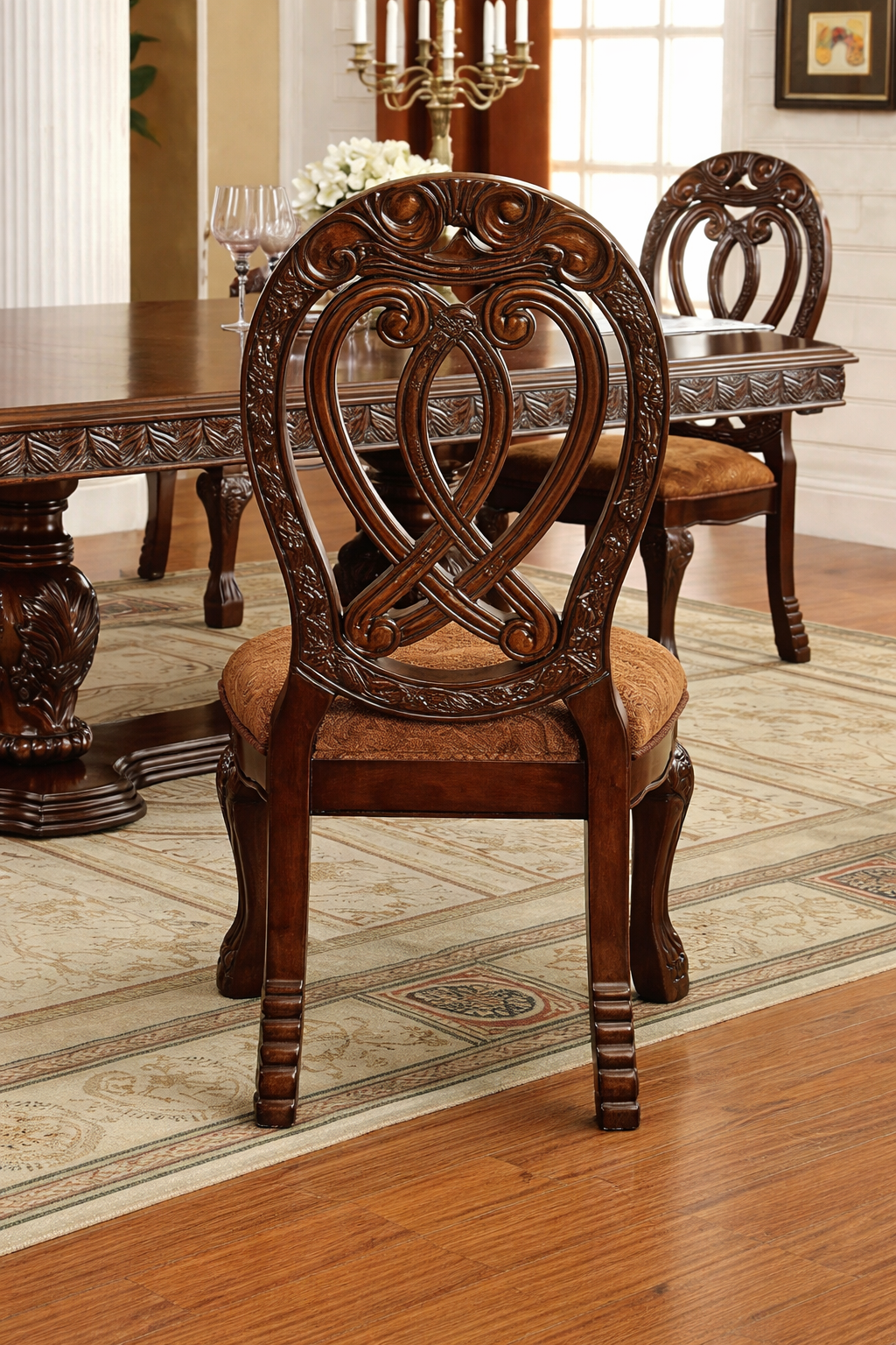 Dining Chair featuring Carving Body, Premium Upholstery and Stable Legs for Dining Comfort
