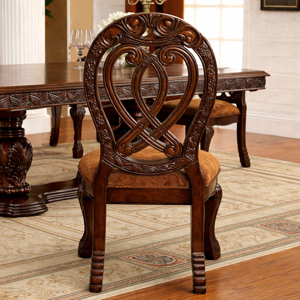 Dining Chair featuring Carving Body, Premium Upholstery and Stable Legs for Dining Comfort