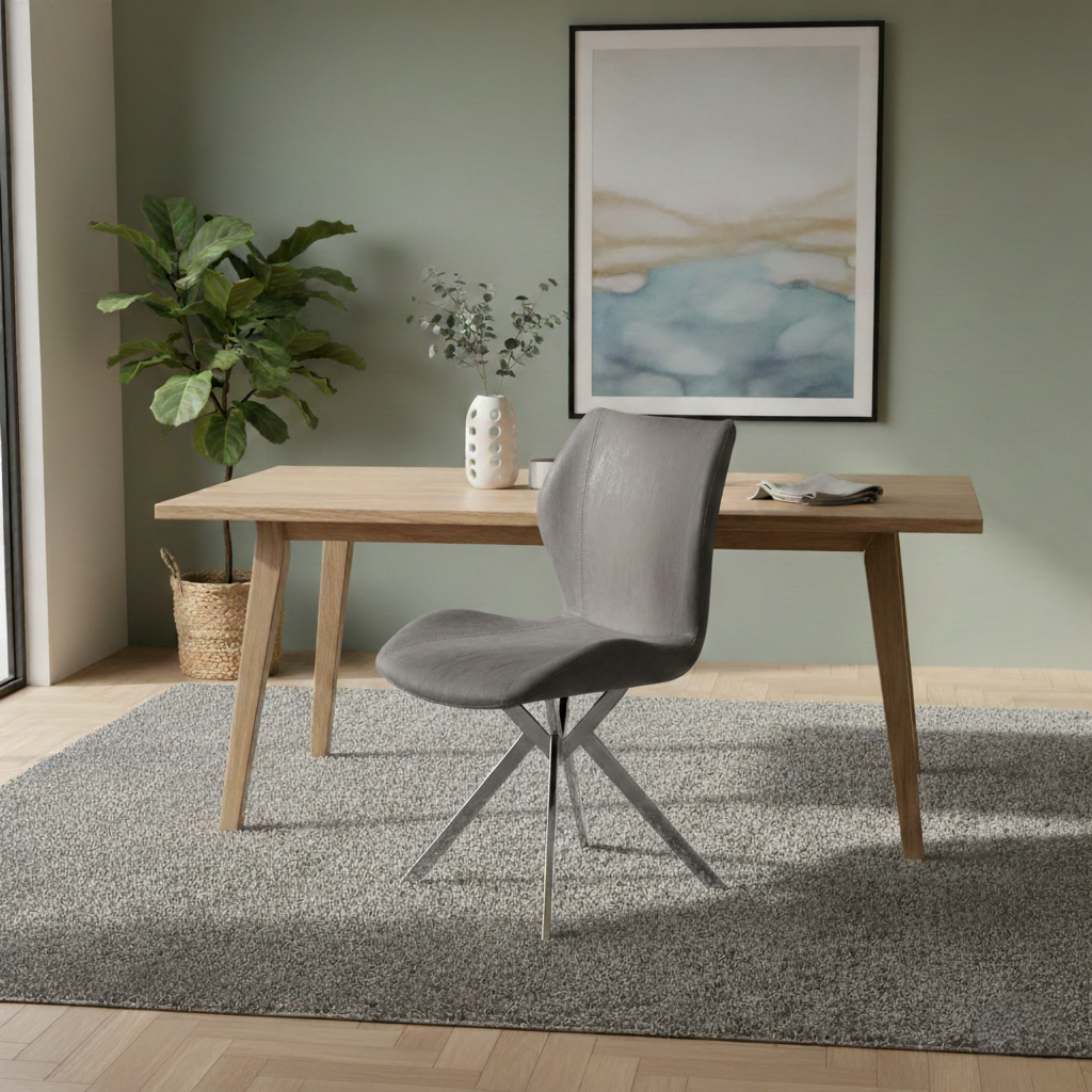 বাড়ির জন্য আধুনিক ডাইনিং চেয়ার - ডাইনিং রুমের জন্য উপযুক্ত স্টেইনলেস স্টিলের পা সহ প্রিমিয়াম লেদারেট আপহোলস্ট্রী