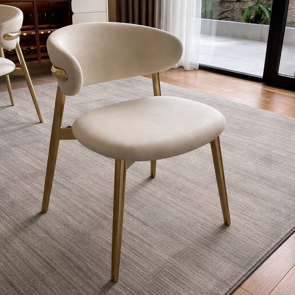 বাড়ির জন্য আধুনিক ডাইনিং চেয়ার - ডাইনিং রুমের জন্য উপযুক্ত স্টেইনলেস স্টিলের পা সহ প্রিমিয়াম লেদারেট আপহোলস্ট্রী