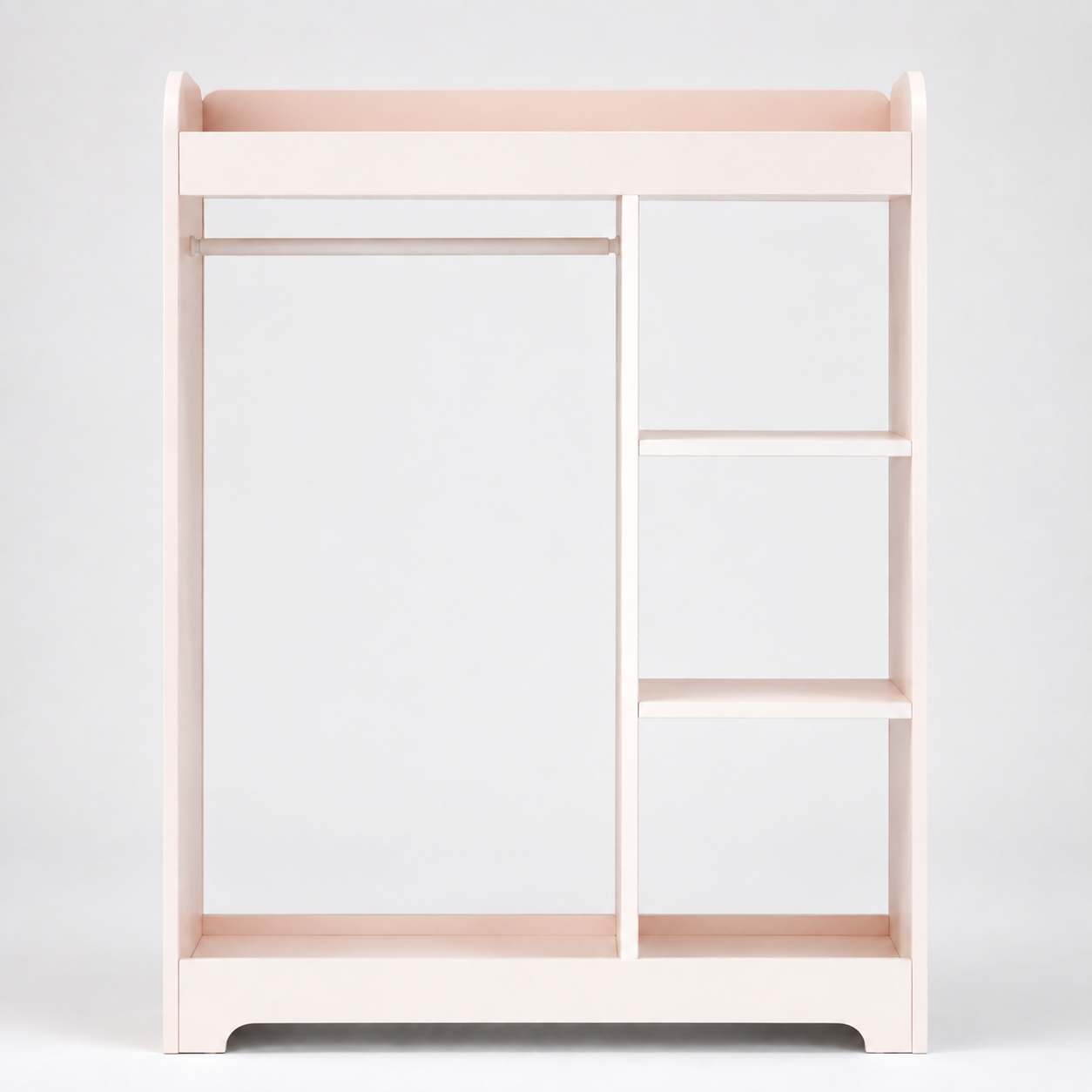 Kids Open Wardrobe with Hanging Rail, Three Storage Shelves, Top Display Shelf and Side Hooks in White and Pastel Pink