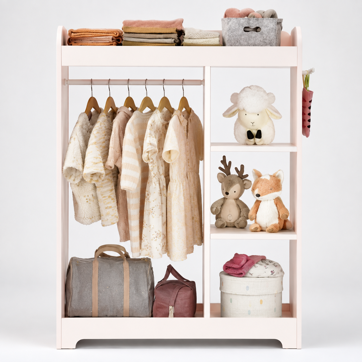 Kids Open Wardrobe with Hanging Rail, Three Storage Shelves, Top Display Shelf and Side Hooks in White and Pastel Pink