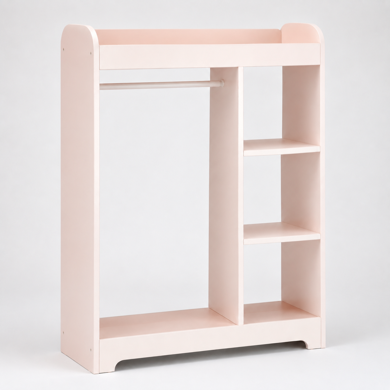 Kids Open Wardrobe with Hanging Rail, Three Storage Shelves, Top Display Shelf and Side Hooks in White and Pastel Pink