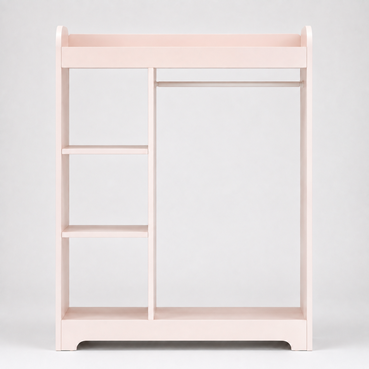 Kids Open Wardrobe with Hanging Rail, Three Storage Shelves, Top Display Shelf and Side Hooks in White and Pastel Pink