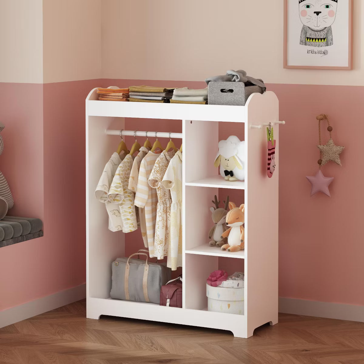 Kids Open Wardrobe with Hanging Rod & Storage Shelves | Child-Safe Rounded Design | Matte White Finish