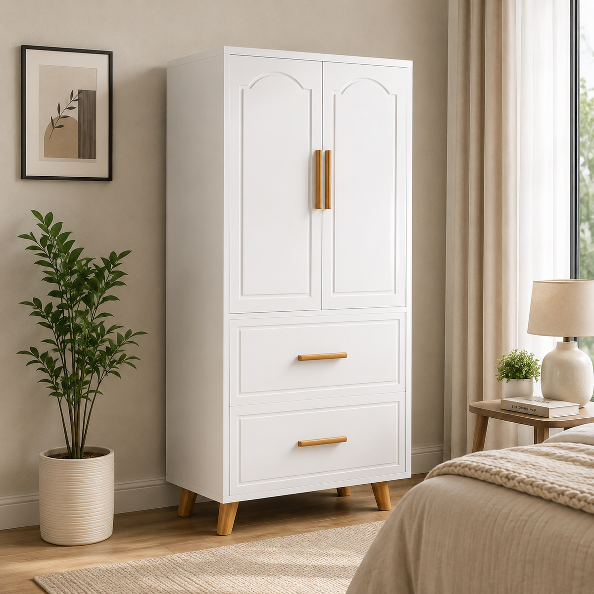 Elegant White Kids Wardrobe with Double Doors and Drawers - Premium Designer Storage Cabinet with Wooden Legs