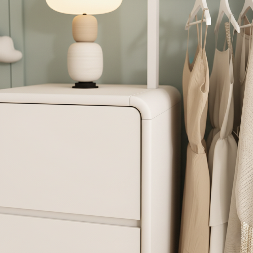 Modern White Kids Wardrobe with Drawers, Hanging Rod and Open Shelves - Minimal Kids Storage Cabinet for Bedroom