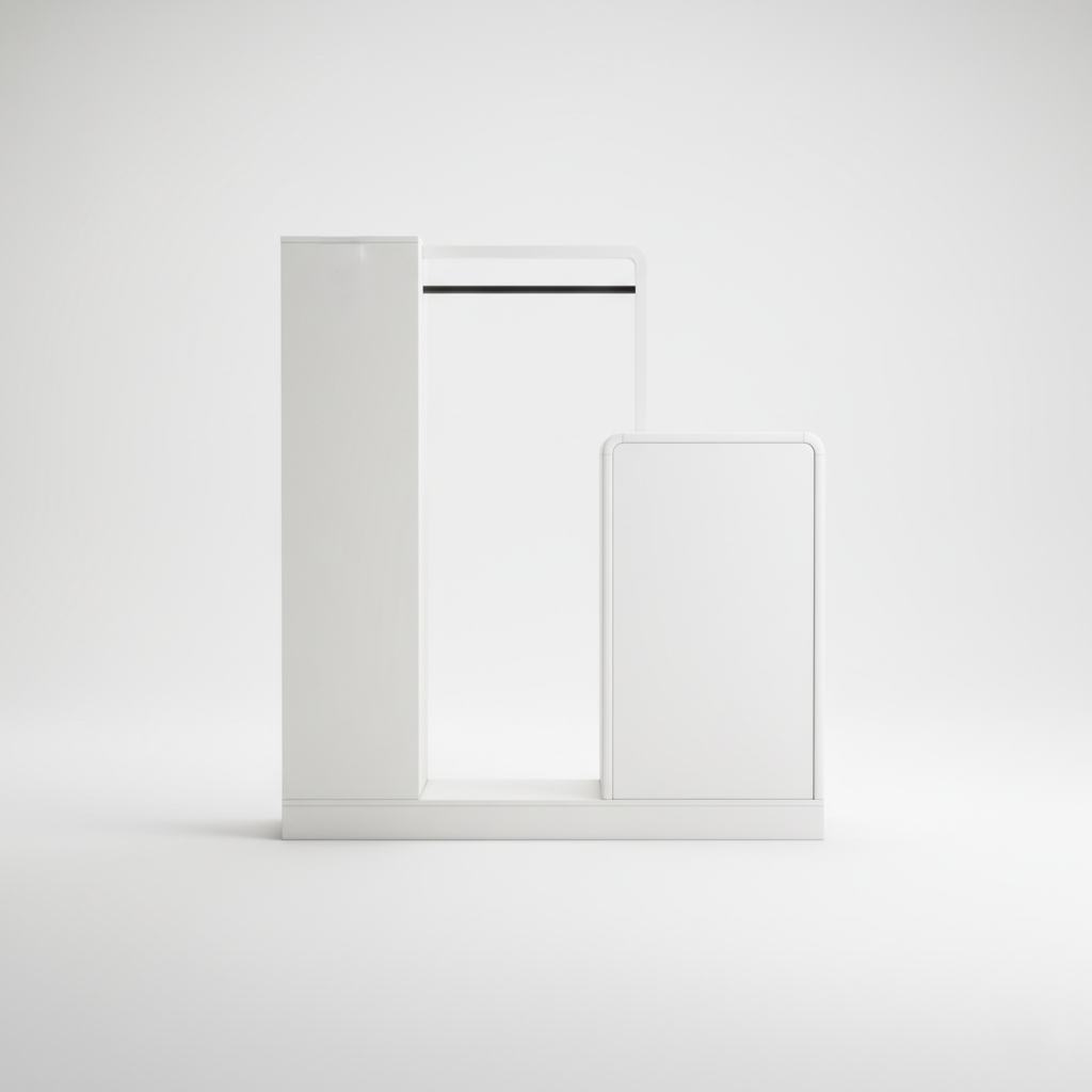 Modern White Kids Wardrobe with Drawers, Hanging Rod and Open Shelves - Minimal Kids Storage Cabinet for Bedroom