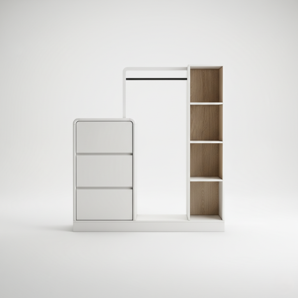 Modern White Kids Wardrobe with Drawers, Hanging Rod and Open Shelves - Minimal Kids Storage Cabinet for Bedroom