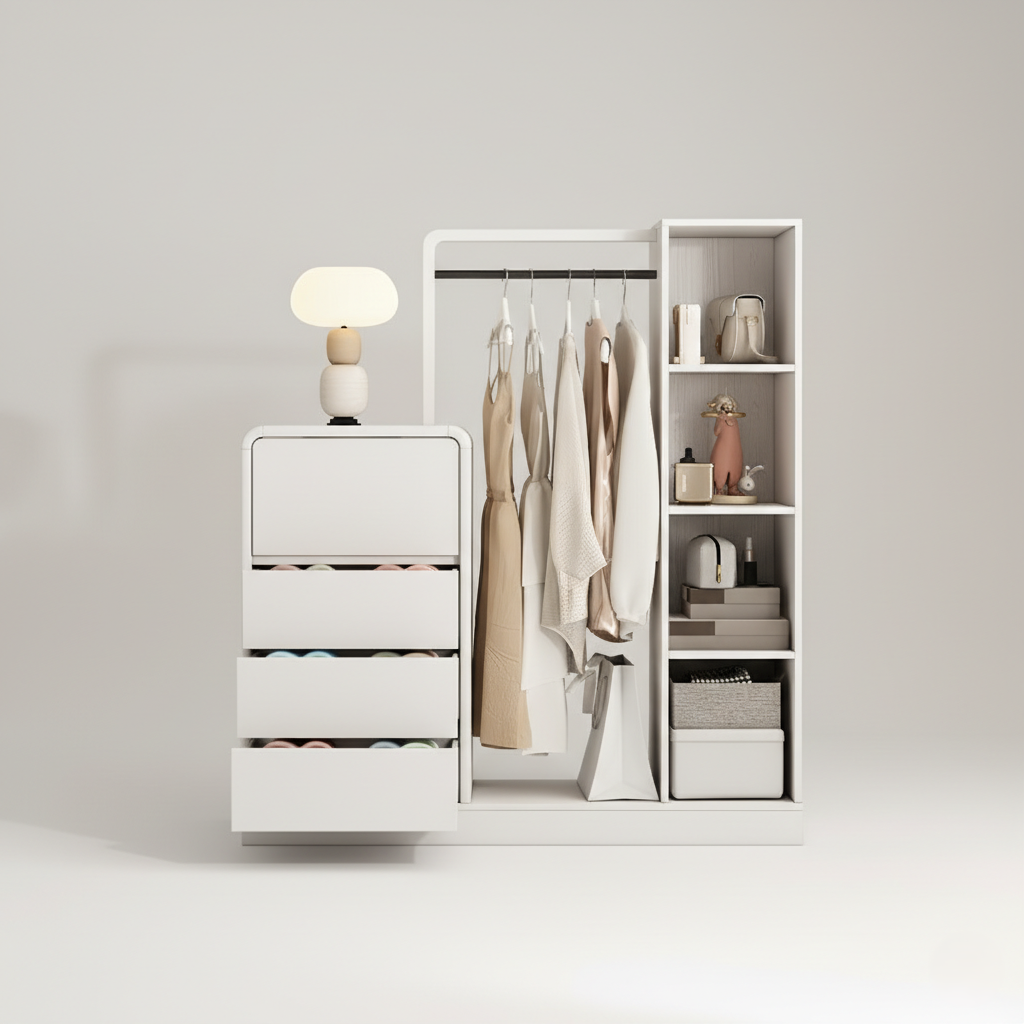 Modern White Kids Wardrobe with Drawers, Hanging Rod and Open Shelves - Minimal Kids Storage Cabinet for Bedroom