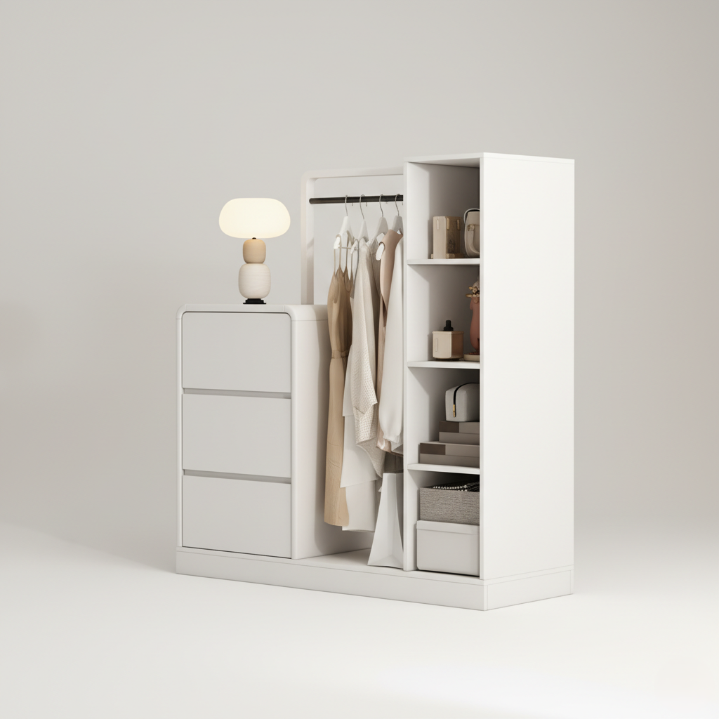 Modern White Kids Wardrobe with Drawers, Hanging Rod and Open Shelves - Minimal Kids Storage Cabinet for Bedroom