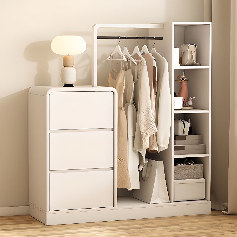 Modern White Kids Wardrobe with Drawers, Hanging Rod and Open Shelves - Minimal Kids Storage Cabinet for Bedroom