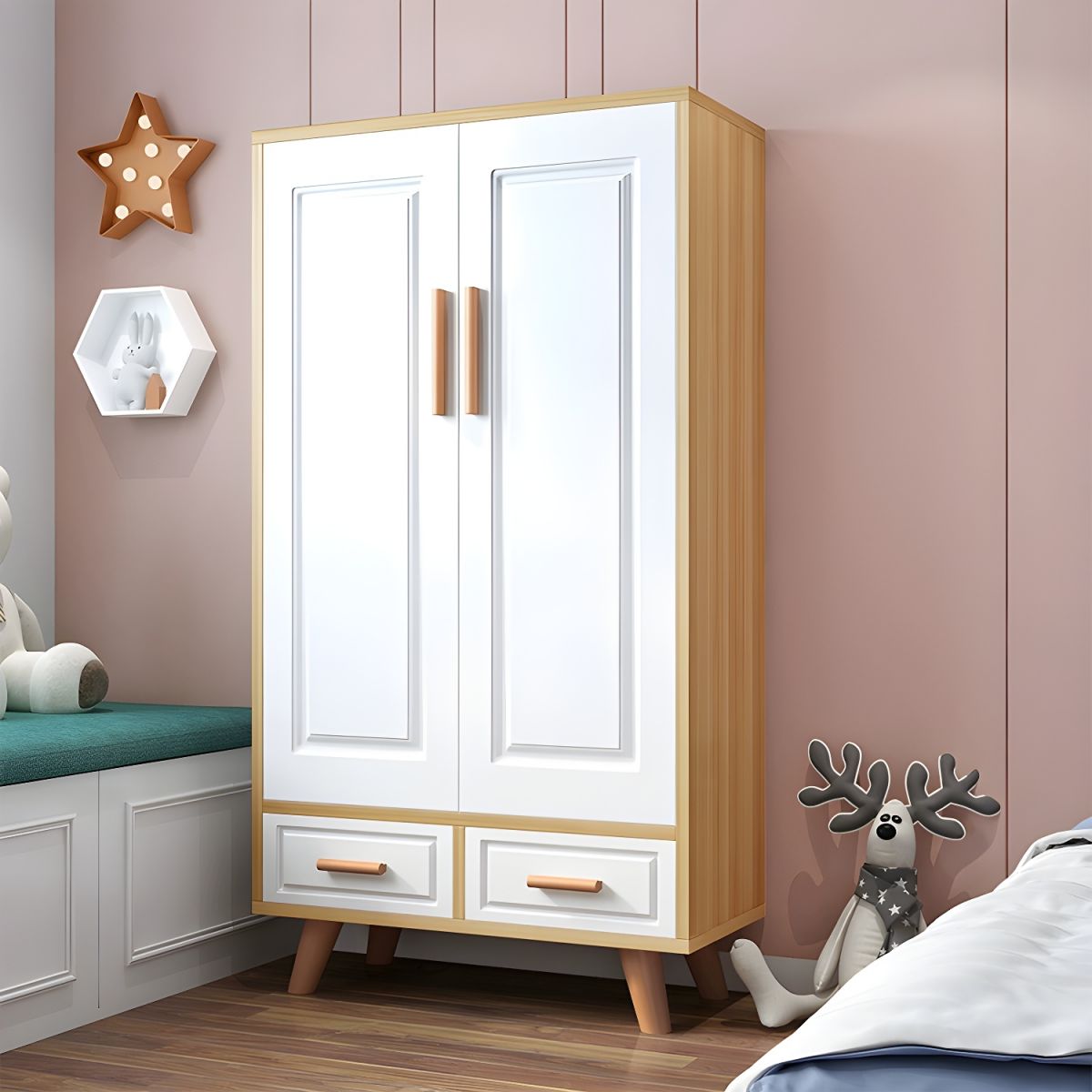 White and Natural Wood Kids Wardrobe with Drawers and Wooden Legs - Modern Scandinavian Kids Storage Cabinet for Bedroom