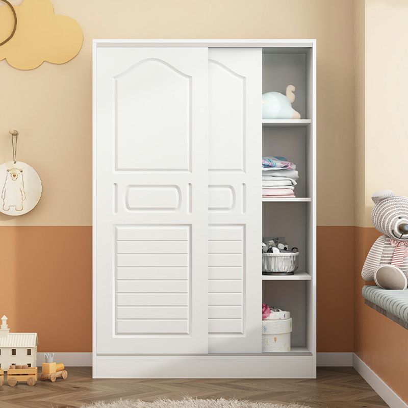 Modern White Kids Wardrobe with Sliding Doors and Open Shelves - Minimal Kids Storage Cabinet for Bedroom and Nursery