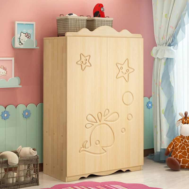 Natural Wood Kids Wardrobe with Carved Animal Design Doors - Kids Storage Cabinet with Hanging Rod, Shelves and Bottom Storage for Bedroom