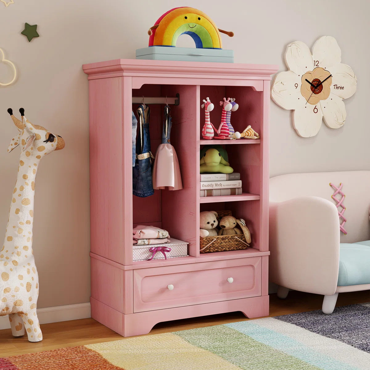 Pink Kids Wardrobe with Hanging Space, Open Shelves and Bottom Drawer - Wooden Kids Storage Cabinet for Bedroom