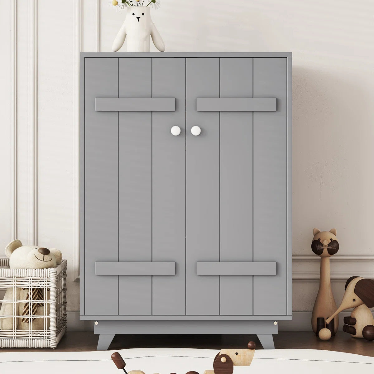 Modern Grey Kids Wardrobe with Hanging Rod and Wooden Legs - Minimal Wooden Children’s Storage Cabinet for Bedroom