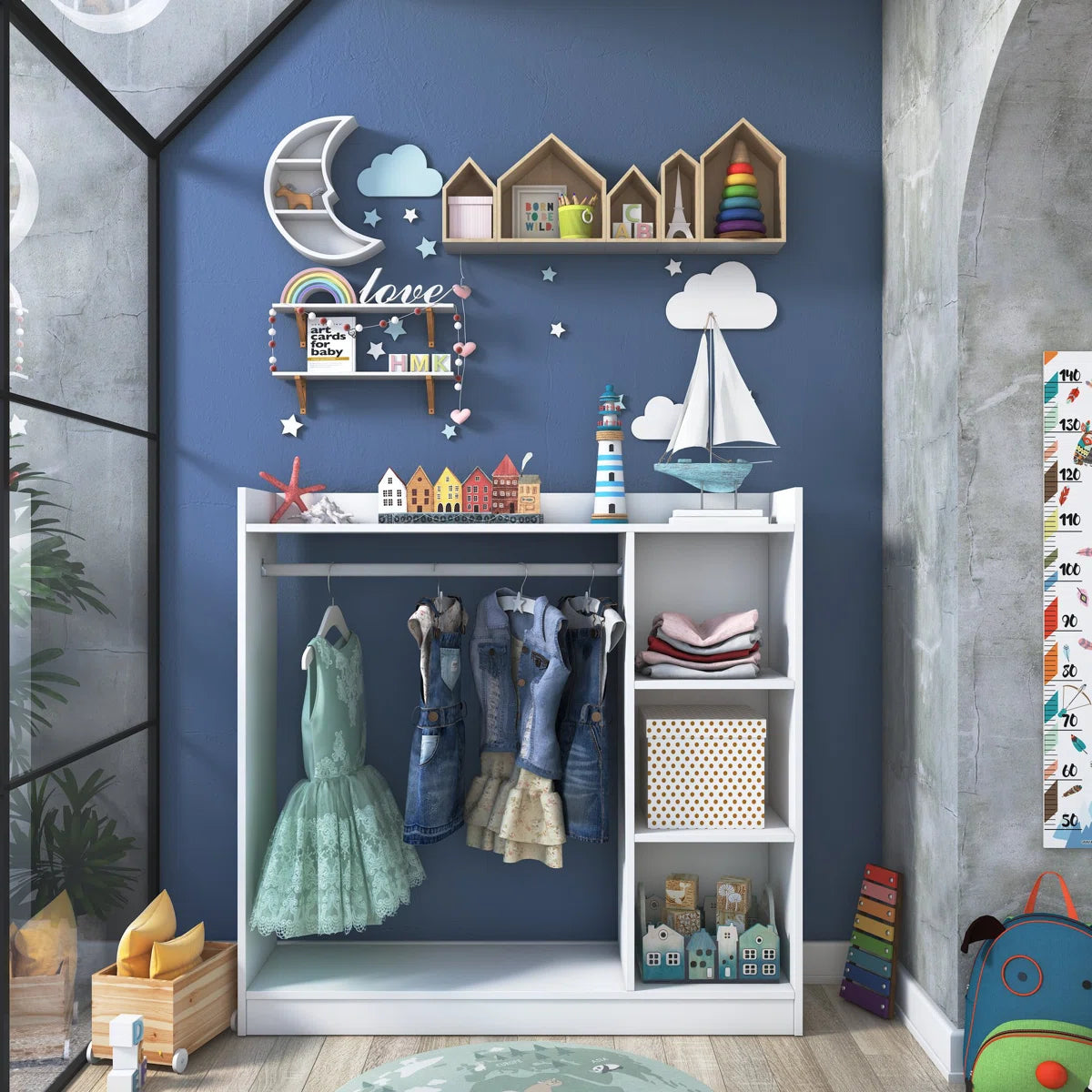 White Kids Wardrobe with Hanging Rod and Open Side Shelves - Wooden Children’s Storage Cabinet for Bedroom