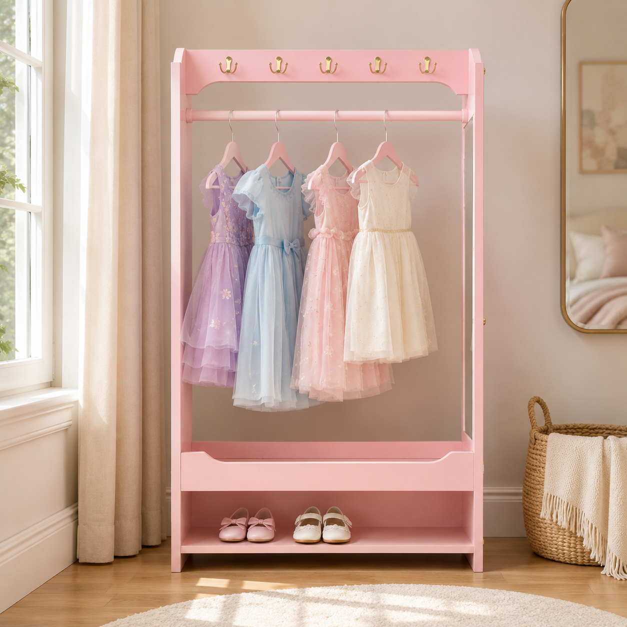 Kids Open Dress-Up Wardrobe with Hanging Rail, Top Hooks and Bottom Shoe Storage Shelf in Pink Finish for Bedroom