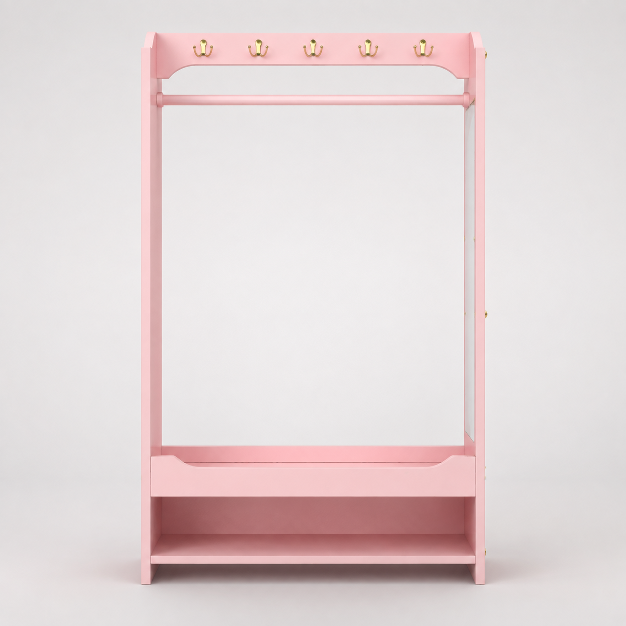 Kids Open Dress-Up Wardrobe with Hanging Rail, Top Hooks and Bottom Shoe Storage Shelf in Pink Finish for Bedroom