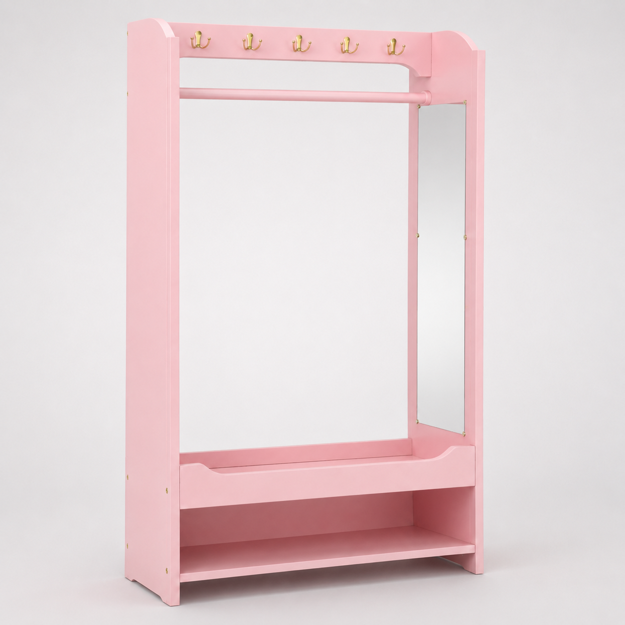 Kids Open Dress-Up Wardrobe with Hanging Rail, Top Hooks and Bottom Shoe Storage Shelf in Pink Finish for Bedroom