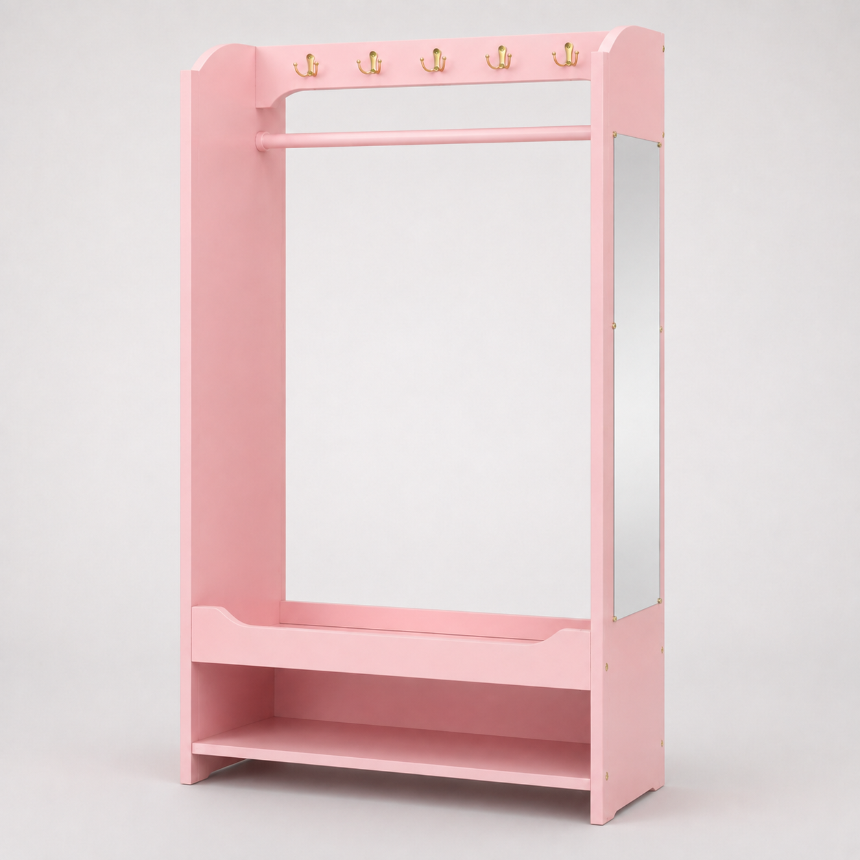 Kids Open Dress-Up Wardrobe with Hanging Rail, Top Hooks and Bottom Shoe Storage Shelf in Pink Finish for Bedroom