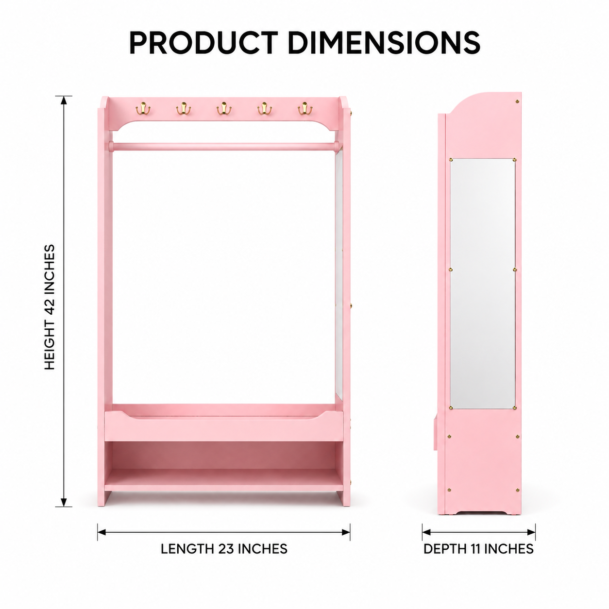 Kids Open Dress-Up Wardrobe with Hanging Rail, Top Hooks and Bottom Shoe Storage Shelf in Pink Finish for Bedroom