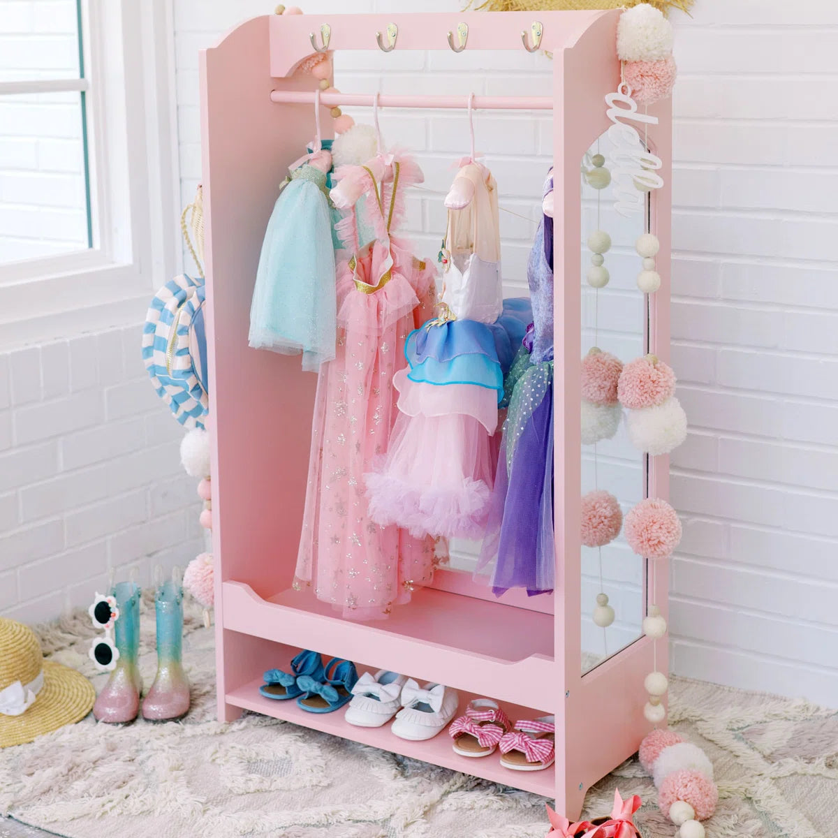 Pink Kids Open Wardrobe with Hanging Rod, Top Hooks and Shoe Shelf - Wooden Children’s Clothes Organizer for Bedroom