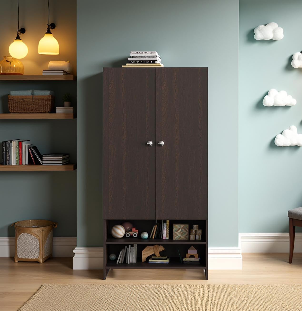 Dark Wood Kids Wardrobe with Double Doors and Open Storage Shelves - Wooden Children’s Storage Cabinet for Bedroom and Study Room