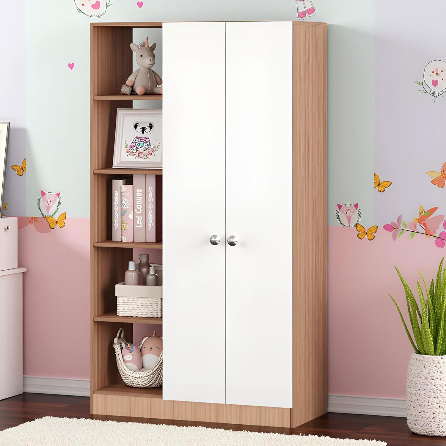 White Kids Wardrobe with Double Doors and Open Side Shelves - Wooden Children’s Storage Cabinet for Bedroom