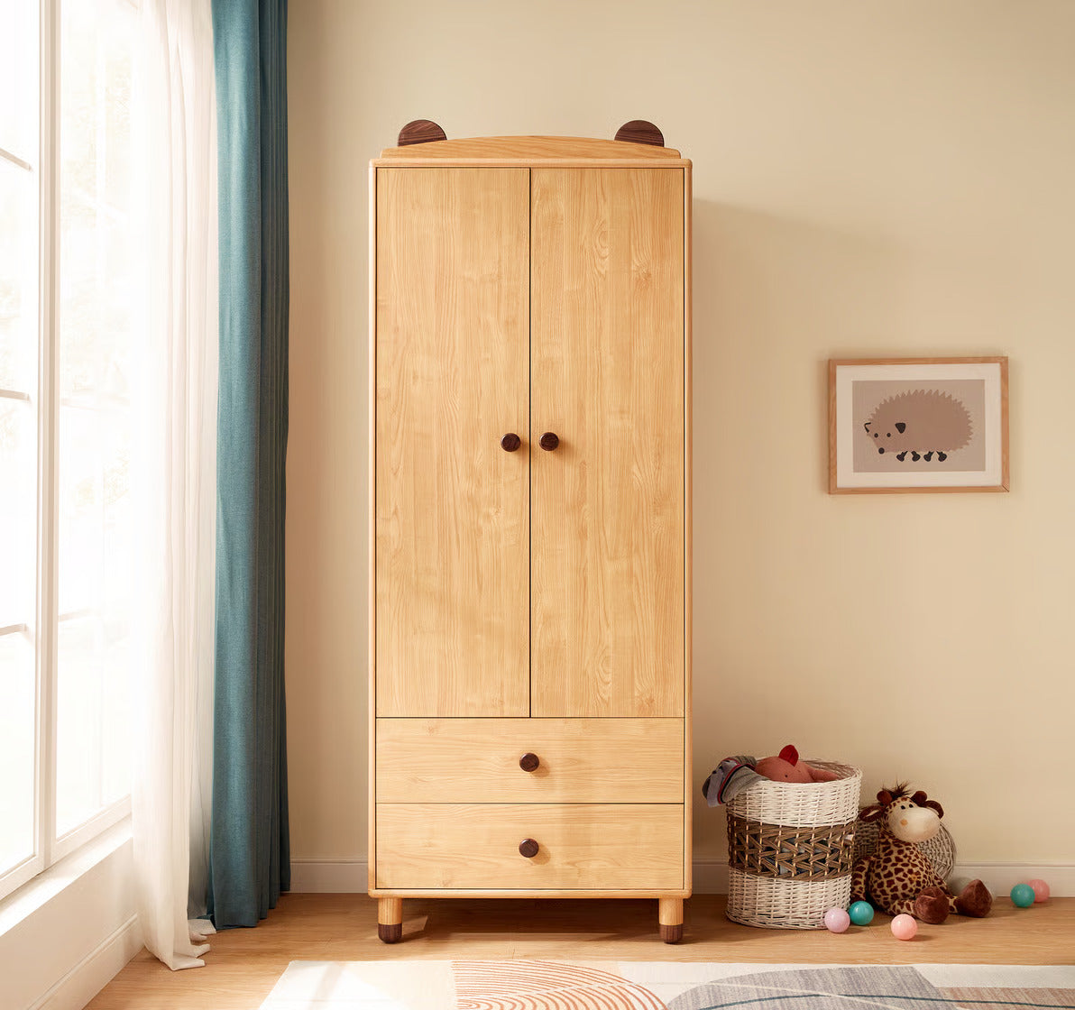 Natural Wood Kids Wardrobe for Bedroom - Modern Wooden Kids Storage Cabinet with Safe Rounded Edges, Smooth Finish and Sturdy Legs for Children’s Room