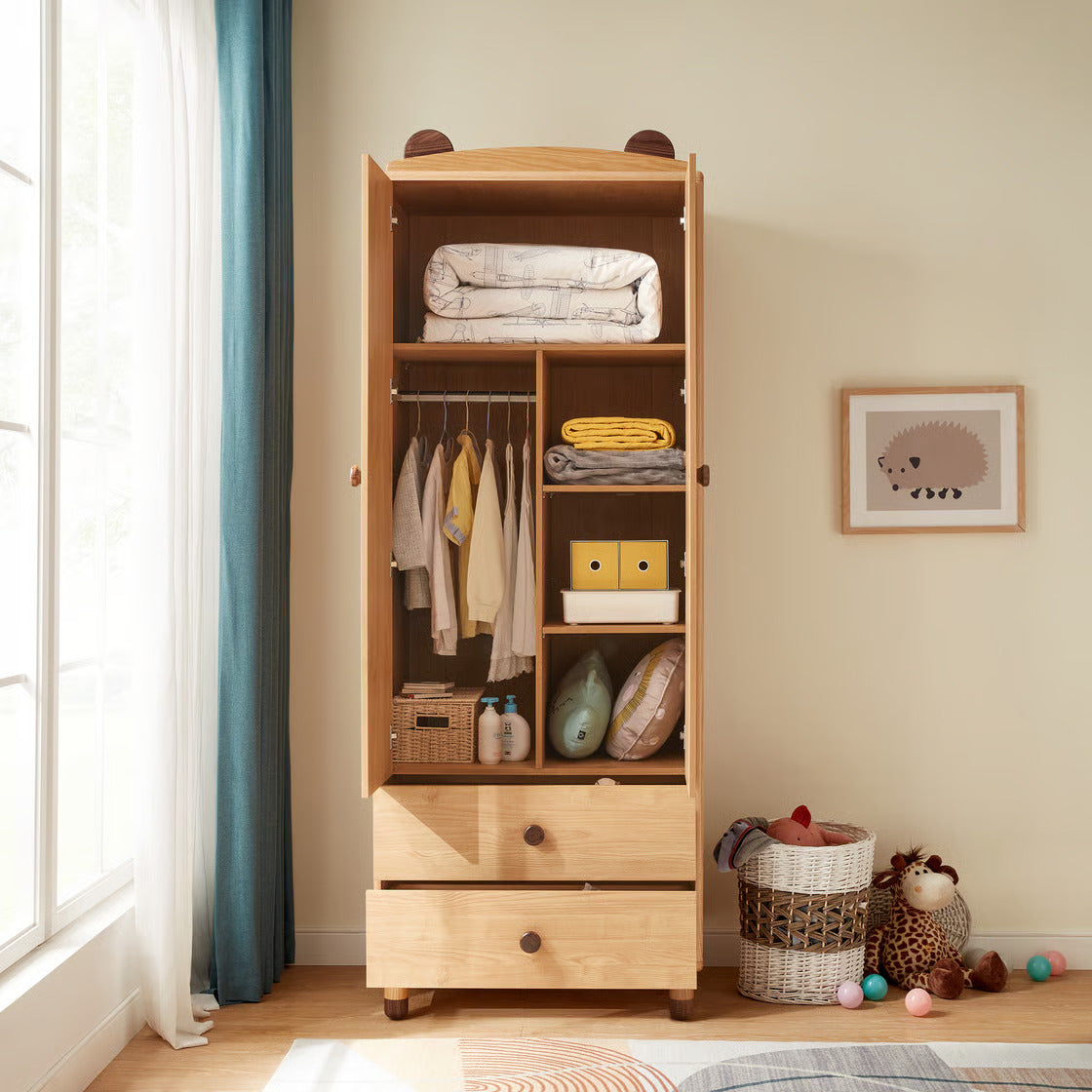 Natural Wood Kids Wardrobe for Bedroom - Modern Wooden Kids Storage Cabinet with Safe Rounded Edges, Smooth Finish and Sturdy Legs for Children’s Room