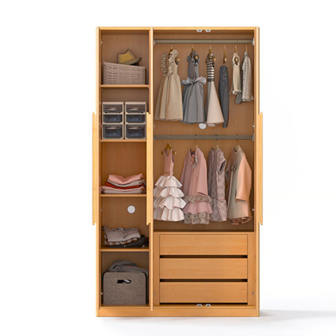 Premium Wooden Kids Wardrobe for Bedroom - Natural Finish Kids Storage Cabinet with Hanging Space, Shelves and Drawers, Smooth Finish and Elegant Wooden Handles