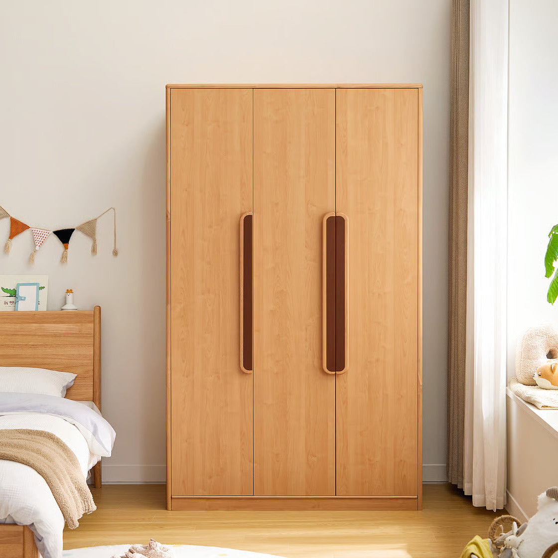 Premium Wooden Kids Wardrobe for Bedroom - Natural Finish Kids Storage Cabinet with Hanging Space, Shelves and Drawers, Smooth Finish and Elegant Wooden Handles