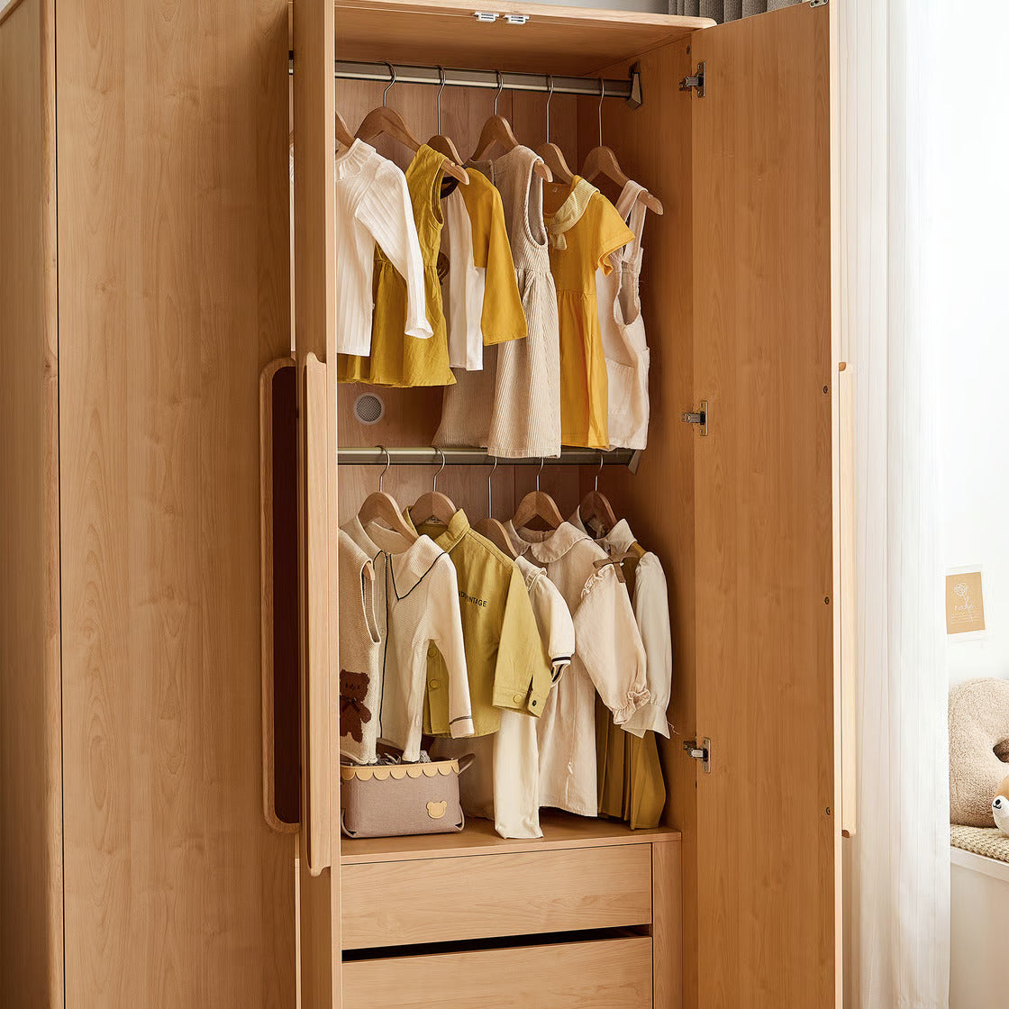 Premium Wooden Kids Wardrobe for Bedroom - Natural Finish Kids Storage Cabinet with Hanging Space, Shelves and Drawers, Smooth Finish and Elegant Wooden Handles