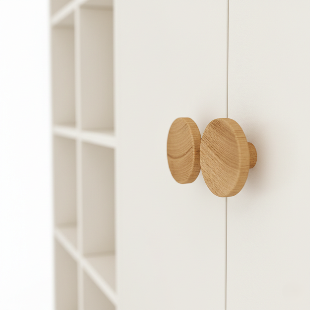 Premium White Kids Wardrobe with Open Shelves and Closed Cabinet - Minimal Storage Unit with Wooden Knobs for Kids Bedroom