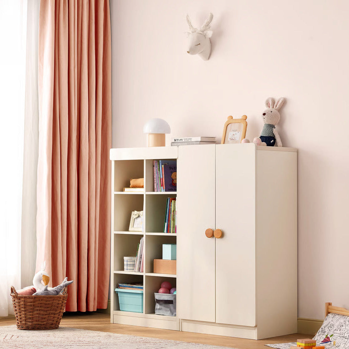 Premium White Kids Wardrobe with Open Shelves and Closed Cabinet - Minimal Storage Unit with Wooden Knobs for Kids Bedroom