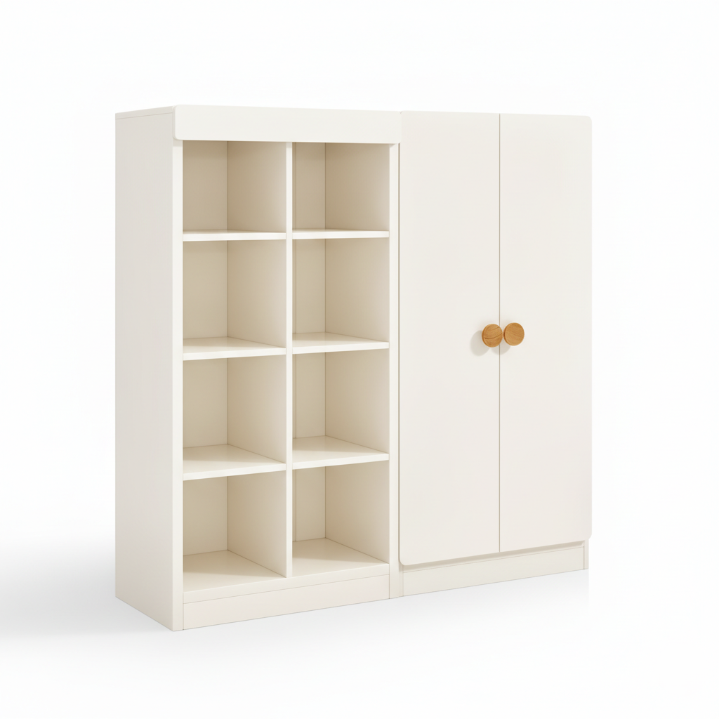 Premium White Kids Wardrobe with Open Shelves and Closed Cabinet - Minimal Storage Unit with Wooden Knobs for Kids Bedroom