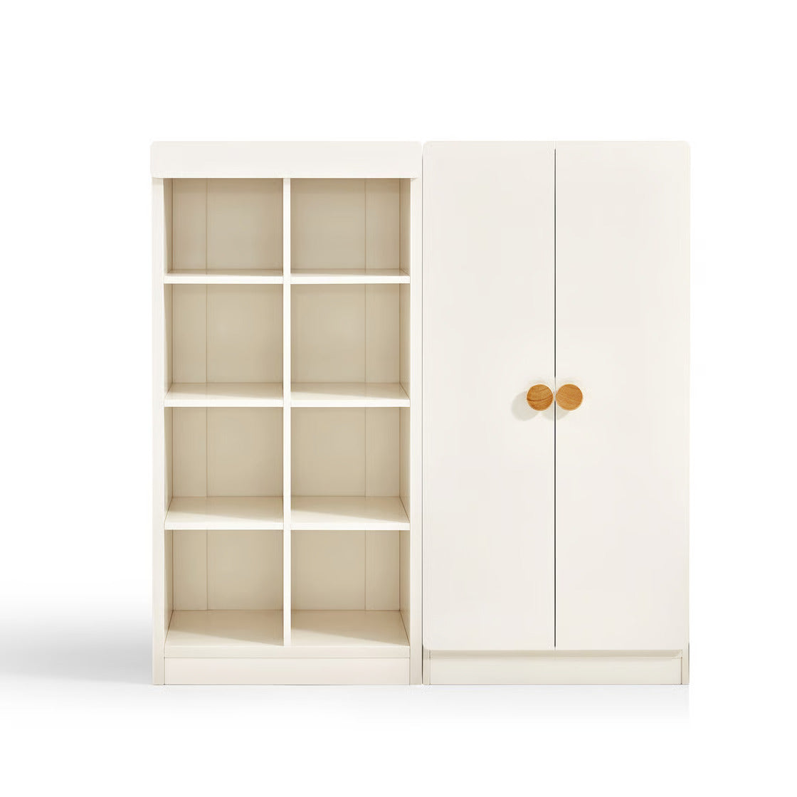 Premium White Kids Wardrobe with Open Shelves and Closed Cabinet - Minimal Storage Unit with Wooden Knobs for Kids Bedroom