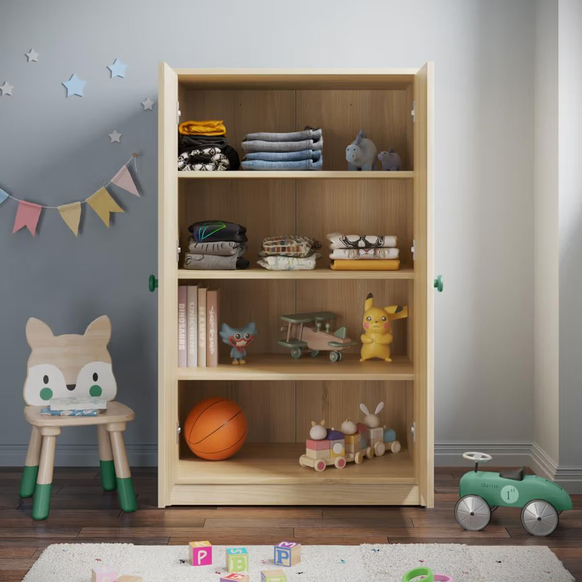 Natural Wood Kids Wardrobe with Double Doors - Minimal Scandinavian Kids Storage Cabinet with Green Knobs for Bedroom
