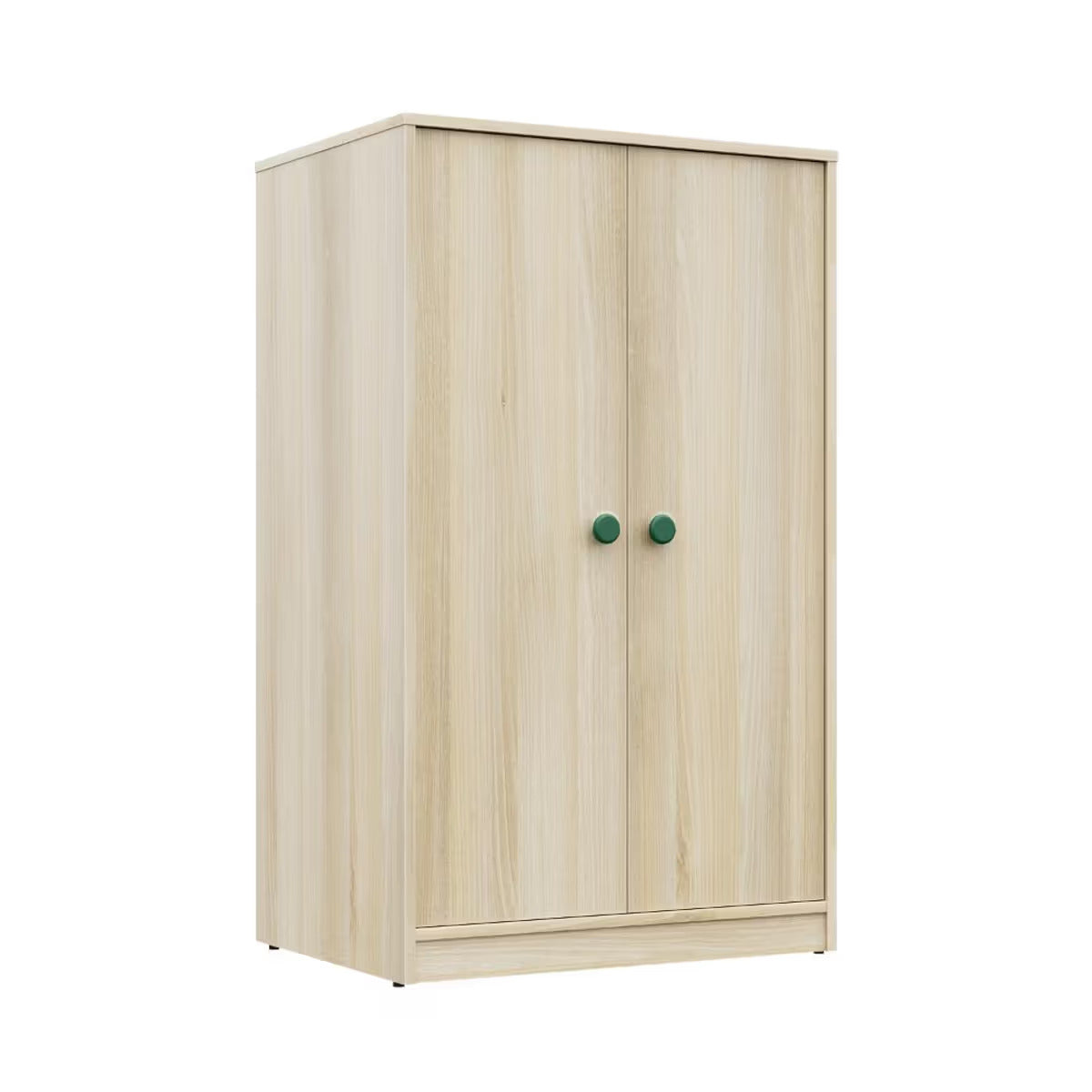 Natural Wood Kids Wardrobe with Double Doors - Minimal Scandinavian Kids Storage Cabinet with Green Knobs for Bedroom