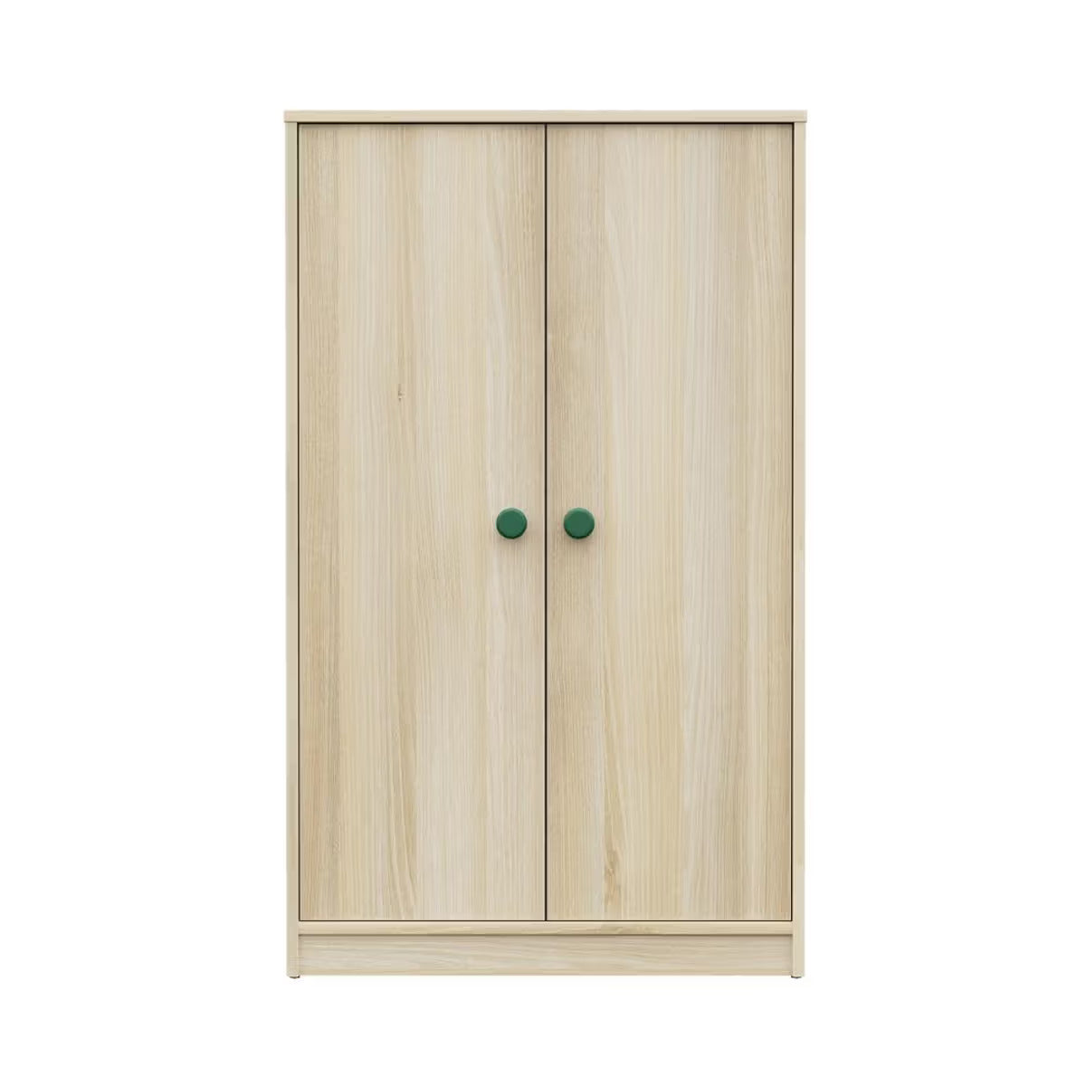 Natural Wood Kids Wardrobe with Double Doors - Minimal Scandinavian Kids Storage Cabinet with Green Knobs for Bedroom