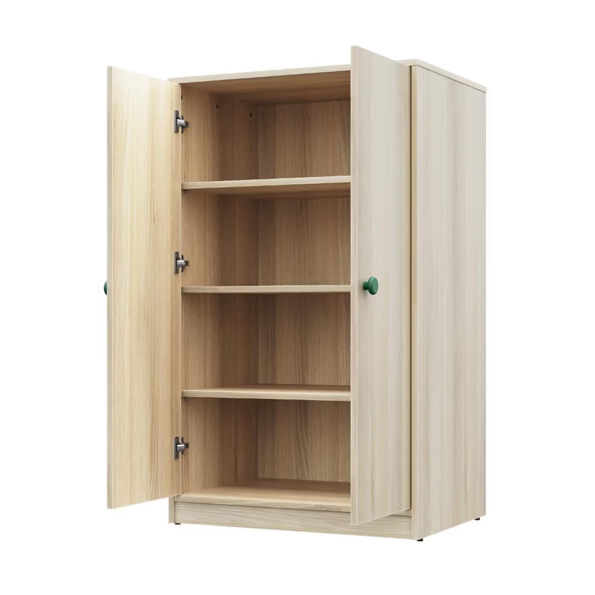 Natural Wood Kids Wardrobe with Double Doors - Minimal Scandinavian Kids Storage Cabinet with Green Knobs for Bedroom