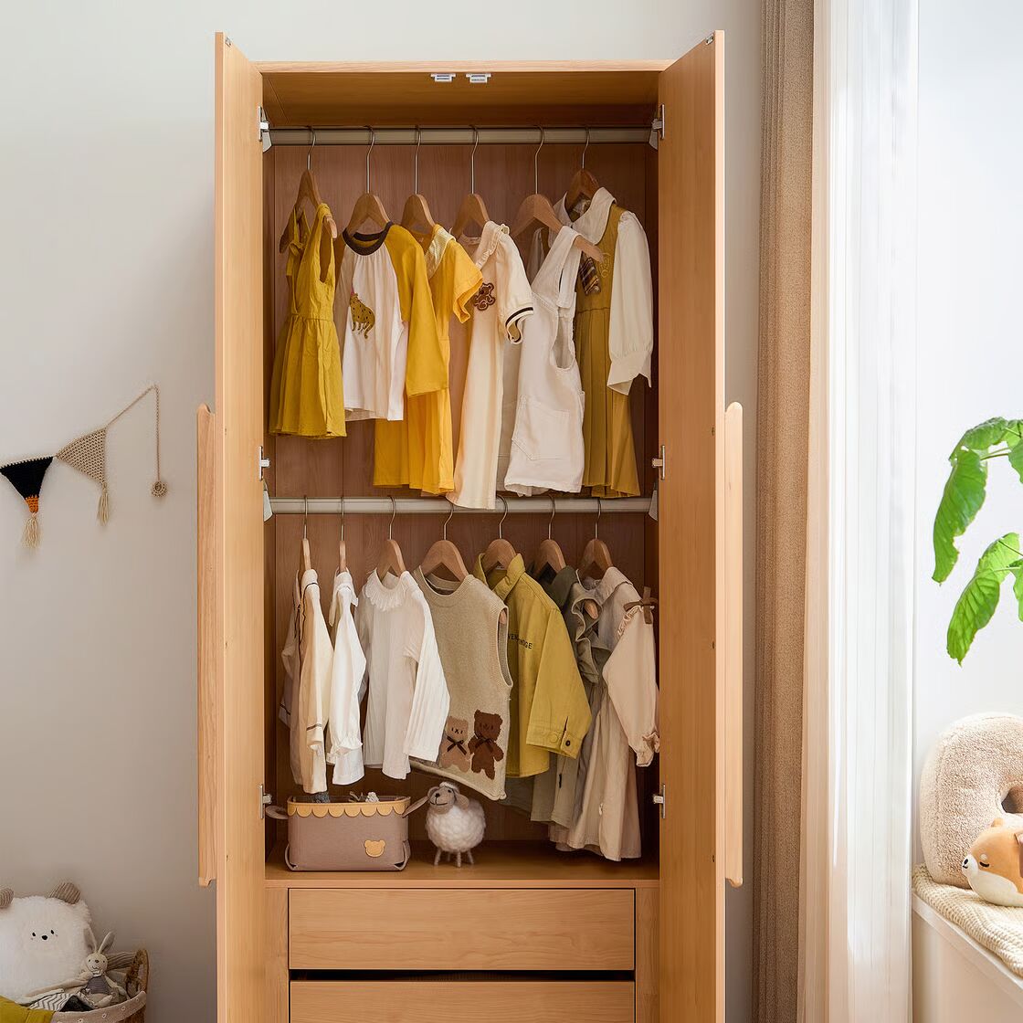 Minimal Solid Wood Kids Wardrobe with Double Doors - Modern Children’s Wooden Almirah with Recessed Handle and Spacious Storage