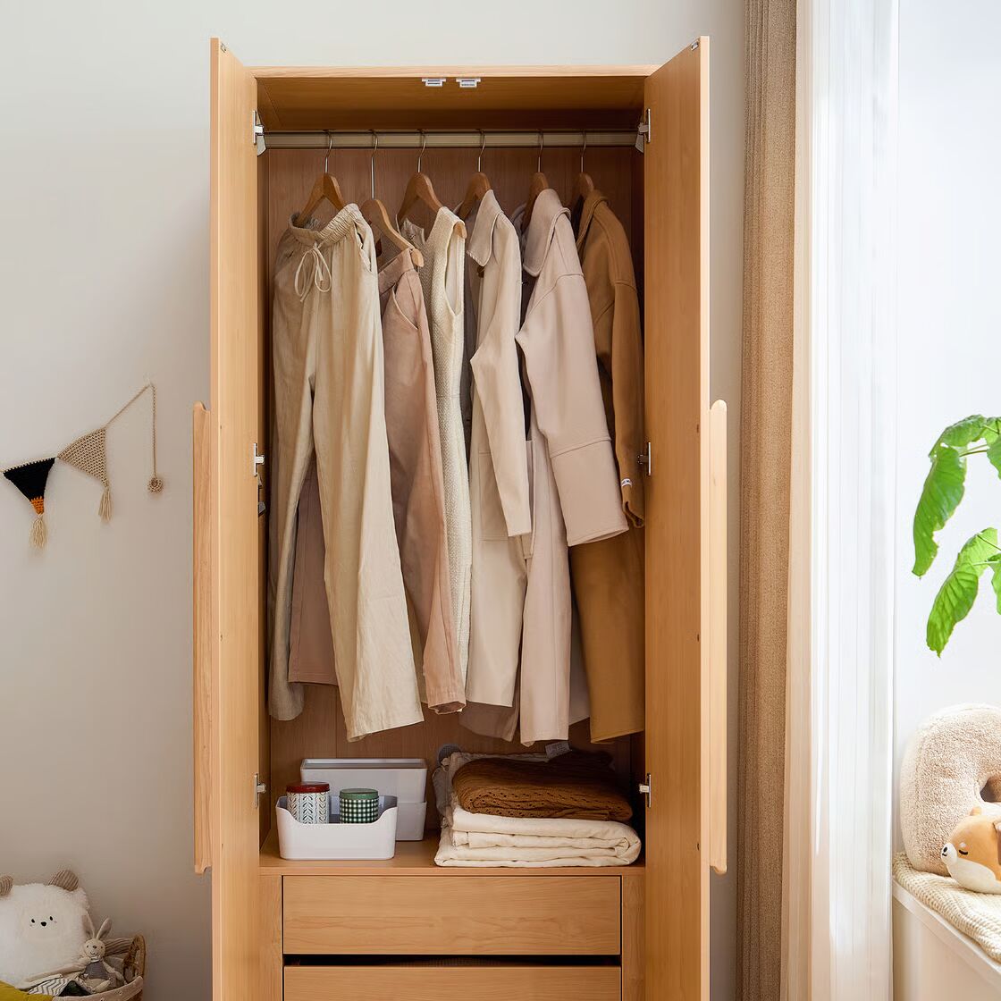 Minimal Solid Wood Kids Wardrobe with Double Doors - Modern Children’s Wooden Almirah with Recessed Handle and Spacious Storage